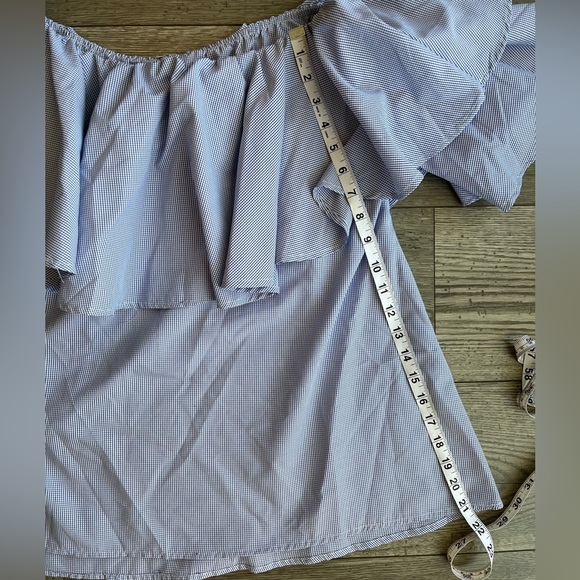 SHEIN Women’s Off-The Shoulder Ruffle Strapless Blouse Blue White Large - Picture 6 of 7